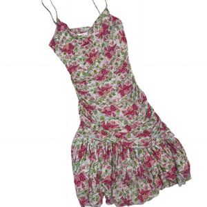 Diane Von Furstenberg 100% Silk Floral Fit Flare Dress Ruching Flutter Skirt 10